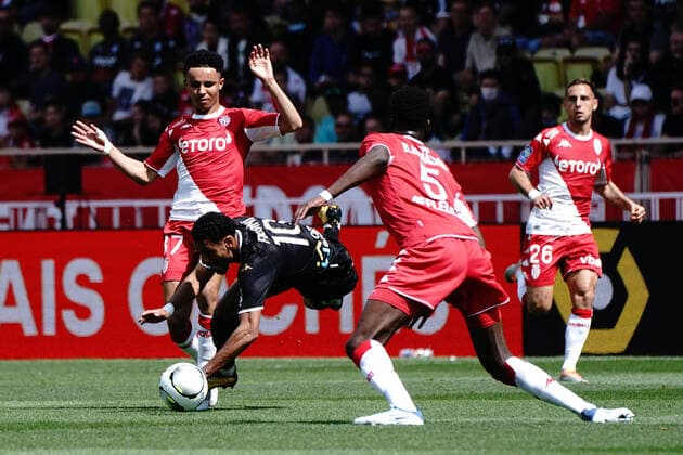 Angelo Fulgini (Sco Angers) - Sofiane Diop (AS Monaco) - Benoit Badiashile (AS Monaco) FOOTBALL : AS Monaco vs Angers - Ligue 1 Uber Eats - Monaco - 01 05 2022 NorbertScanella Panoramic 