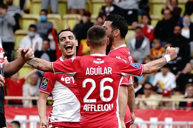 Joie - Wissam Ben Yedder (AS Monaco) - Kevin Volland (AS Monaco) - Ruben Aguilar (AS Monaco) FOOTBALL : AS Monaco vs Angers - Ligue 1 Uber Eats - Monaco - 01 05 2022 NorbertScanella Panoramic 