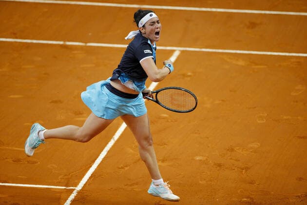 Mandatory Credit: Photo by Ella Ling Shutterstock (12915014x) Ons Jabeur of Tunisia celebrates Mutua Madrid Open, Tennis, La Caja Magica, Madrid, Spain - 02 May 2022 Mutua Madrid Open, Tennis, La Caja Magica, Madrid, Spain - 02 May 2022  Copyright: xEllaxLing Shutterstockx 12915014x