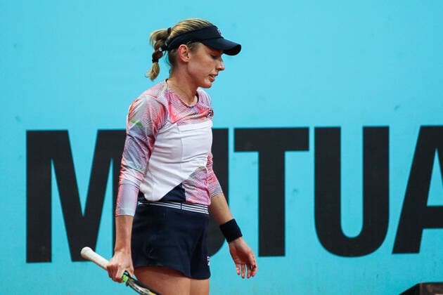 May 3, 2022, MADRID, MADRID, SPAIN: Ekaterina Alexandrova from Russia in action against Marie Bouzkova from Czech Republic during the Mutua Madrid Open 2022 celebrated at La Caja Magica on May 02, 2022, in Madrid, Spain. MADRID SPAIN - ZUMAa181 20220503_zaa_a181_070 Copyright: xIrinaxR.xHipolitox