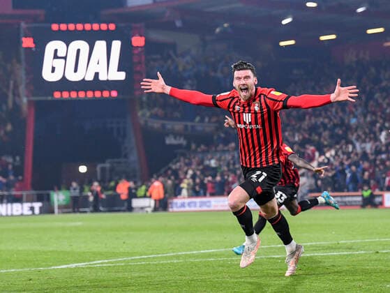 Bournemouth v Nottingham Forest Sky Bet Championship Kieffer Moore of Bournemouth celebrates scoring during the Sky Bet Championship match at the Vitality Stadium, Bournemouth Content Not Available For UK Newspapers Copyright: xJeremyxLandeyx FIL-16870-0022 UK Newspapers OUT
