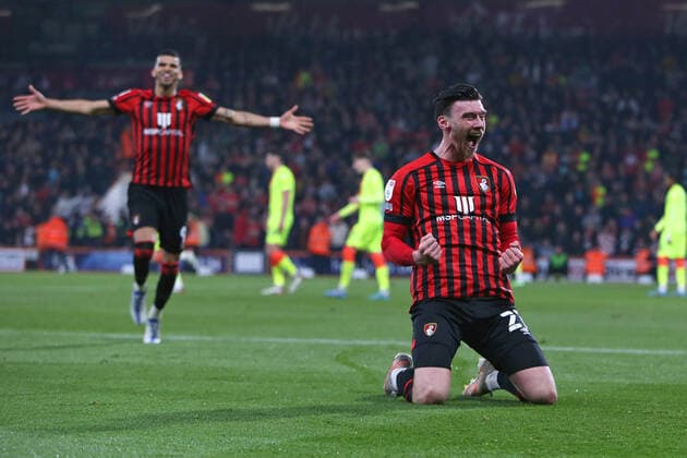 Football - 2021 2022 EFL Sky Bet Championship - AFC Bournemouth vs Nottingham Forest - Vitality Stadium - Tuesday 3rd May 2022 Bournemouth s Kieffer Moore celebrates scoring during the Championship match at the Vitality Stadium (Dean Court) Bournemouth COLORSPORT Shaun Boggust 