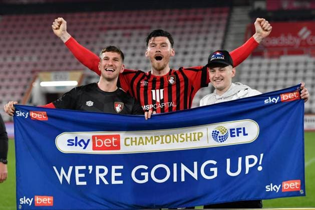 Bournemouth v Nottingham Forest EFL Sky Bet Championship 03 05 2022. Chris Mepham (6) of AFC Bournemouth, Kieffer Moore (21) of AFC Bournemouth and David Brooks (7) of AFC Bournemouth celebrate promotion to the Premier League with a We?re Going Up banner at full time during the EFL Sky Bet Championship match between Bournemouth and Nottingham Forest at the Vitality Stadium, Bournemouth, England on 3 May 2022. Bournemouth Vitality Stadium Dorset England Editorial use only DataCo restrictions apply See www.football-dataco.com , Copyright: xGrahamxHuntx PSI-15225-0314