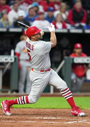 May 03, 2022: St. Louis Cardinals DH Albert Pujols (5) drives the ball deep to center field at Kauffman Stadium Kansas City, Missouri. The Kansas City Royals defeated the St. Louis Cardinals 7-1. CSM. Kansas City United States - ZUMAc04_ 20220503_zaf_c04_063 Copyright: xJonxRobichaudx