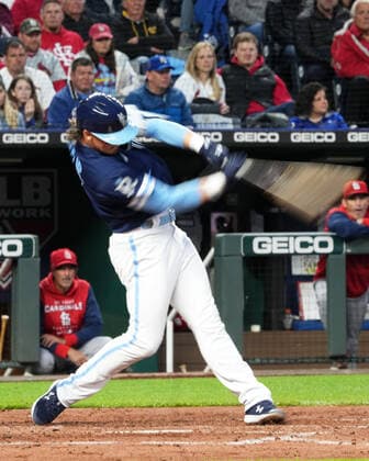 May 03, 2022: Kansas City Royals third baseman Bobby Witt Jr. (7) drives the ball at Kauffman Stadium Kansas City, Missouri. The Kansas City Royals defeated the St. Louis Cardinals 7-1. CSM. Kansas City United States - ZUMAc04_ 20220503_zaf_c04_064 Copyright: xJonxRobichaudx