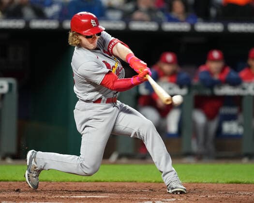 May 03, 2022: St. Louis Cardinals center fielder Harrison Bader (48) makes contact with a pitch at Kauffman Stadium Kansas City, Missouri. The Kansas City Royals defeated the St. Louis Cardinals 7-1. CSM. Kansas City United States - ZUMAc04_ 20220503_zaf_c04_065 Copyright: xJonxRobichaudx