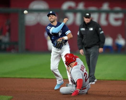 May 03, 2022: Kansas City Royals second baseman Whit Merrifield (15) initiates a double play over St. Louis Cardinals left fielder Tyler O Neill (27) at Kauffman Stadium Kansas City, Missouri. The Kansas City Royals defeated the St. Louis Cardinals 7-1. CSM. Kansas City United States - ZUMAc04_ 20220503_zaf_c04_067 Copyright: xJonxRobichaudx
