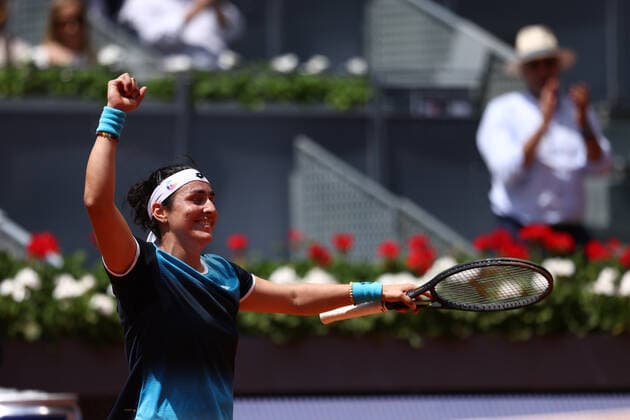 May 4, 2022, MADRID, MADRID, SPAIN: Ons Jabeur of Tunisia reacts after winning against Simona Halep of Romania during the Mutua Madrid Open 2022 celebrated at La Caja Magica on May 04, 2022, in Madrid, Spain. MADRID SPAIN - ZUMAa181 20220504_zaa_a181_114 Copyright: xOscarxJ.xBarrosox