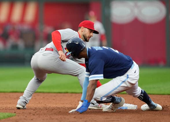 May 04, 2022: St. Louis Cardinals shortstop Paul DeJong (11) applies the tag to Kansas City Royals center fielder Michael A. Taylor (2) at Kauffman Stadium Kansas City, Missouri. The St Louis Cardinals beat the Kansas City Royals 10-0. CSM. Kansas City United States - ZUMAc04_ 20220504_zaf_c04_004 Copyright: xJonxRobichaudx