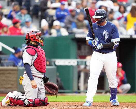 May 04, 2022: A couple hall of fame catchers St. Louis Cardinals catcher Yadier Molina (4) and Kansas City Royals catcher Salvador Perez (13) share a moment at home plate at Kauffman Stadium Kansas City, Missouri. The St Louis Cardinals beat the Kansas City Royals 10-0. CSM. Kansas City United States - ZUMAc04_ 20220504_zaf_c04_007 Copyright: xJonxRobichaudx