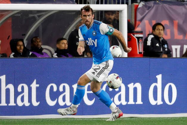 FOXBOROUGH, MA - APRIL 16: Charlotte FC left back Christian Fuchs (22) during a match between the New England Revolution and Charlotte FC on April16, 2022, at Gillette Stadium in Foxborough, Massachusetts. (Photo by Fred Kfoury III Icon Sportswire) SOCCER: APR 16 MLS, Fussball Herren, USA - Charlotte FC at New England Revolution Icon482220416063