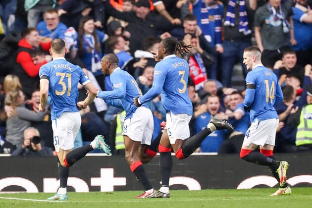 Glasgow Rangers - RB Leipzig 05.05.2022 Glasgow, 05.05.2022, Ibrox Stadium, Fussball, Saison 2021 2022, Europa League, Halbfinale, Glasgow Rangers - RB Leipzig , Im Bild: Tor für Glasgow, Torjubel nach dem 2:0 UEFA regulations prohibit any use of photographs as image sequences and or quasi-video.