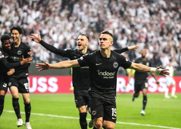 Torjubel Rafael BORRE (Eintracht Frankfurt) nach Tor zum 1-0, Jubel,Freude,Begeisterung,Aktion. Fussball Europa League, Halbfinale Eintracht Frankfurt - West Ham United am 05.05.2022 in Frankfurt Deutschland. DEUTSCHE BANK PARK