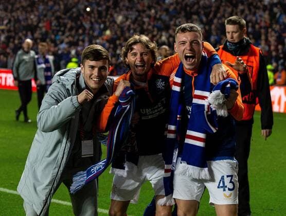 Mandatory Credit: Photo by Luke Nickerson Rangers FC Shutterstock (12926015ai) Rangers Midfielder Charlie McCann, Rangers Midfielder Alex Lowry, Rangers Defender Leon King celebrate at the end of the match Rangers v RB Leipzig, UEFA Europa League, Semi Final, Second Leg, Football, Ibrox Stadium, Glasgow, UK - 05 May 2022 EDITORIAL USE ONLY No use with unauthorised audio, video, data, fixture lists, club league logos or live services. Online in-match use limited to 120 images, no video emulation. No use in betting, games or single club league player publications. Rangers v RB Leipzig, UEFA Europa League, Semi Final, Second Leg, Football, Ibrox Stadium, Glasgow, UK - 05 May 2022 EDITORIAL USE ONLY No use with unauthorised audio, video, data, fixture lists, club league logos or live services. Online in-match use limited to 120 images, no video emulation. No use in betting, games or single club league player publications. Copyright: xLukexNickerson RangersxFC Shutterstockx 12926015ai