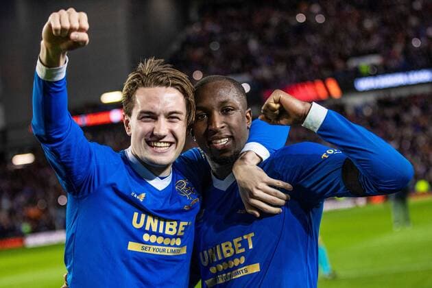 Mandatory Credit: Photo by Kirk O Rourke Rangers FC Shutterstock (12926021cc) Scott Wright and Glen Kamara celebrate at the end of the Europa League Semi Final match against RB Leipzig at Ibrox Stadium, Glasgow. Rangers v RB Leipzig, UEFA Europa League, Semi Final, Second Leg, Football, Ibrox Stadium, Glasgow, UK - 05 May 2022 EDITORIAL USE ONLY No use with unauthorised audio, video, data, fixture lists, club league logos or live services. Online in-match use limited to 120 images, no video emulation. No use in betting, games or single club league player publications. Rangers v RB Leipzig, UEFA Europa League, Semi Final, Second Leg, Football, Ibrox Stadium, Glasgow, UK - 05 May 2022 EDITORIAL USE ONLY No use with unauthorised audio, video, data, fixture lists, club league logos or live services. Online in-match use limited to 120 images, no video emulation. No use in betting, games or single club league player publications. Copyright: xKirkxO Rourke RangersxFC Shutterstockx 12926021cc