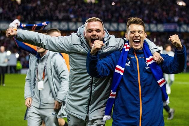 Mandatory Credit: Photo by Kirk O Rourke Rangers FC Shutterstock (12926021cm) Andy Firth & Ryan Jack celebrate at the end of the Europa League Semi Final match against RB Leipzig at Ibrox Stadium, Glasgow. Rangers v RB Leipzig, UEFA Europa League, Semi Final, Second Leg, Football, Ibrox Stadium, Glasgow, UK - 05 May 2022 EDITORIAL USE ONLY No use with unauthorised audio, video, data, fixture lists, club league logos or live services. Online in-match use limited to 120 images, no video emulation. No use in betting, games or single club league player publications. Rangers v RB Leipzig, UEFA Europa League, Semi Final, Second Leg, Football, Ibrox Stadium, Glasgow, UK - 05 May 2022 EDITORIAL USE ONLY No use with unauthorised audio, video, data, fixture lists, club league logos or live services. Online in-match use limited to 120 images, no video emulation. No use in betting, games or single club league player publications. Copyright: xKirkxO Rourke RangersxFC Shutterstockx 12926021cm