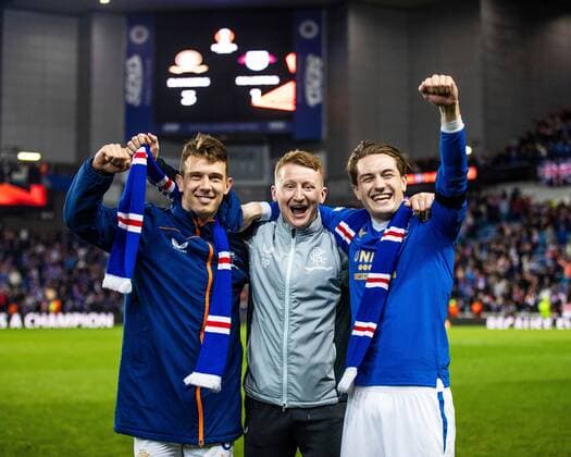 Mandatory Credit: Photo by Kirk O Rourke Rangers FC Shutterstock (12926021ea) Ryan Jack, Russell Parker & Scott Wright celebrate at the end of the Europa League Semi Final match against RB Leipzig at Ibrox Stadium, Glasgow. Rangers v RB Leipzig, UEFA Europa League, Semi Final, Second Leg, Football, Ibrox Stadium, Glasgow, UK - 05 May 2022 EDITORIAL USE ONLY No use with unauthorised audio, video, data, fixture lists, club league logos or live services. Online in-match use limited to 120 images, no video emulation. No use in betting, games or single club league player publications. Rangers v RB Leipzig, UEFA Europa League, Semi Final, Second Leg, Football, Ibrox Stadium, Glasgow, UK - 05 May 2022 EDITORIAL USE ONLY No use with unauthorised audio, video, data, fixture lists, club league logos or live services. Online in-match use limited to 120 images, no video emulation. No use in betting, games or single club league player publications. Copyright: xKirkxO Rourke RangersxFC Shutterstockx 12926021ea