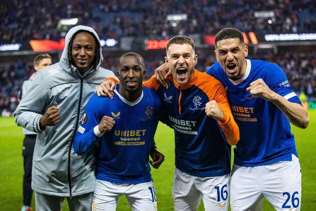 Mandatory Credit: Photo by Kirk O Rourke Rangers FC Shutterstock (12926021dy) Joe Aribo, Glen Kamara, Aaron Ramsey and Leon Balogun celebrate at the end of the Europa League Semi Final match against RB Leipzig at Ibrox Stadium, Glasgow. Rangers v RB Leipzig, UEFA Europa League, Semi Final, Second Leg, Football, Ibrox Stadium, Glasgow, UK - 05 May 2022 EDITORIAL USE ONLY No use with unauthorised audio, video, data, fixture lists, club league logos or live services. Online in-match use limited to 120 images, no video emulation. No use in betting, games or single club league player publications. Rangers v RB Leipzig, UEFA Europa League, Semi Final, Second Leg, Football, Ibrox Stadium, Glasgow, UK - 05 May 2022 EDITORIAL USE ONLY No use with unauthorised audio, video, data, fixture lists, club league logos or live services. Online in-match use limited to 120 images, no video emulation. No use in betting, games or single club league player publications. Copyright: xKirkxO Rourke RangersxFC Shutterstockx 12926021dy
