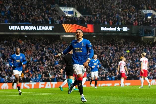 Mandatory Credit: Photo by Kirk O Rourke Rangers FC Shutterstock (12926021ei) Rangers captain James Tavernier celebrates his goal during the Europa League Semi Final match against RB Leipzig at Ibrox Stadium, Glasgow. Rangers v RB Leipzig, UEFA Europa League, Semi Final, Second Leg, Football, Ibrox Stadium, Glasgow, UK - 05 May 2022 EDITORIAL USE ONLY No use with unauthorised audio, video, data, fixture lists, club league logos or live services. Online in-match use limited to 120 images, no video emulation. No use in betting, games or single club league player publications. Rangers v RB Leipzig, UEFA Europa League, Semi Final, Second Leg, Football, Ibrox Stadium, Glasgow, UK - 05 May 2022 EDITORIAL USE ONLY No use with unauthorised audio, video, data, fixture lists, club league logos or live services. Online in-match use limited to 120 images, no video emulation. No use in betting, games or single club league player publications. Copyright: xKirkxO Rourke RangersxFC Shutterstockx 12926021ei
