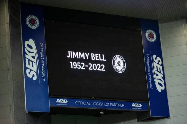 Mandatory Credit: Photo by Kirk O Rourke Rangers FC Shutterstock (12926021eu) Rangers with a tribute to Jimmy Bell during the Europa League Semi Final match against RB Leipzig at Ibrox Stadium, Glasgow. Rangers v RB Leipzig, UEFA Europa League, Semi Final, Second Leg, Football, Ibrox Stadium, Glasgow, UK - 05 May 2022 EDITORIAL USE ONLY No use with unauthorised audio, video, data, fixture lists, club league logos or live services. Online in-match use limited to 120 images, no video emulation. No use in betting, games or single club league player publications. Rangers v RB Leipzig, UEFA Europa League, Semi Final, Second Leg, Football, Ibrox Stadium, Glasgow, UK - 05 May 2022 EDITORIAL USE ONLY No use with unauthorised audio, video, data, fixture lists, club league logos or live services. Online in-match use limited to 120 images, no video emulation. No use in betting, games or single club league player publications. Copyright: xKirkxO Rourke RangersxFC Shutterstockx 12926021eu