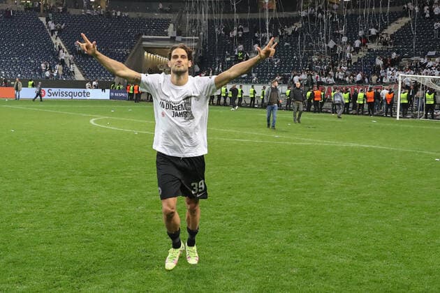 Fußball - Europa League - Halbfinale Eintracht Frankfurt - West Ham United am 05.05.2022 im Deutsche Bank Park in Frankfurt Goncalo Paciencia (Frankfurt 39) freut sich über den Sieg und den Einzug ins Finale