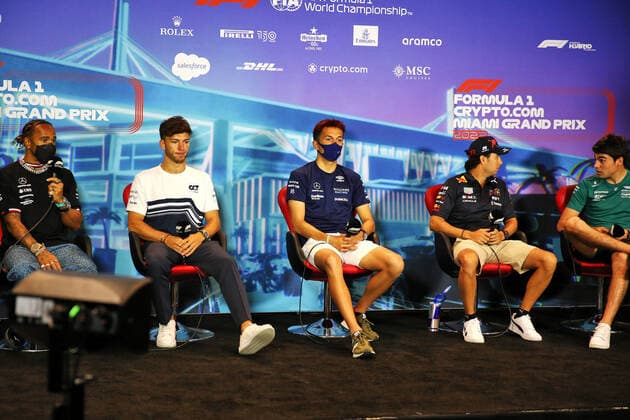 (L to R): Lewis Hamilton (GBR) Mercedes AMG F1; Pierre Gasly (FRA) AlphaTauri; Alexander Albon (THA) Williams Racing; Sergio Perez (MEX) Red Bull Racing; and Lance Stroll (CDN) Aston Martin F1 Team, in the FIA press conference, PK, Pressekonferenz during the Formula 1 Crypto.com Miami Grand Prix 2022, 5th round of the 2022 FIA Formula One World Championship, WM, Weltmeisterschaft on the Miami International Autodrome, from May 6 to 8, 2022 in Miami Gardens, Florida, United States of America - F1 - MIAMI GRAND PRIX 2022 DPPI Panoramic B40X4949