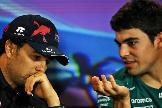 STROLL Lance (can), Aston Martin F1 Team AMR22, portrait with PEREZ Sergio (mex), Red Bull Racing RB18 in the FIA press conference, PK, Pressekonferenz during the Formula 1 Crypto.com Miami Grand Prix 2022, 5th round of the 2022 FIA Formula One World Championship, WM, Weltmeisterschaft on the Miami International Autodrome, from May 6 to 8, 2022 in Miami Gardens, Florida, United States of America - F1 - MIAMI GRAND PRIX 2022 DPPI Panoramic B40X5231