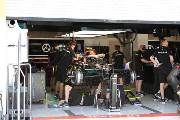 MIAMI GARDENS, FL - MAY 06: Crew members on the 44 team of Mercedes-AMG Petronas driver Lewis Hamilton (44) of Great Britain work on the car before practice for the Crypto.com Miami Grand Prix on May 6, 2022 at the Miami International Autodrome in Miami Gardens, Florida. (Photo by David J. Griffin Icon Sportswire) AUTO: MAY 06 F1 Crypto.com Miami Grand Prix Icon95322050500551