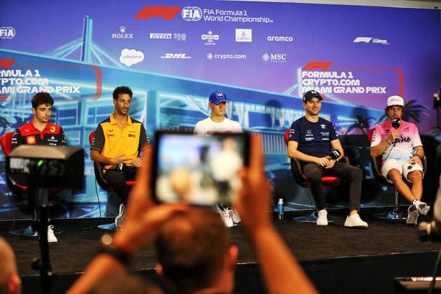 16 Charles Leclerc (MCO, Scuderia Ferrari), 3 Daniel Ricciardo (AUS, McLaren F1 Team), 47 Mick Schumacher (DEU, Haas F1 Team), 6 Nicholas Latifi (CAN, Williams Racing), 14 Fernando Alonso (ESP, BWT Alpine F1 Team), F1 Grand Prix of Miami at Miami International Autodrome on May 6, 2022 in Miami, United States of America. (Photo by Anthony Rew DPPI via HOCH ZWEI) Miami United States of America
