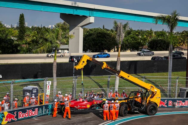 Damaged car of 55 Carlos Sainz (ESP, Scuderia Ferrari), F1 Grand Prix of Miami at Miami International Autodrome on May 6, 2022 in Miami, United States of America. (Photo by HOCH ZWEI) Miami United States of America