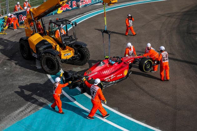 Damaged car of 55 Carlos Sainz (ESP, Scuderia Ferrari), F1 Grand Prix of Miami at Miami International Autodrome on May 6, 2022 in Miami, United States of America. (Photo by HOCH ZWEI) Miami United States of America