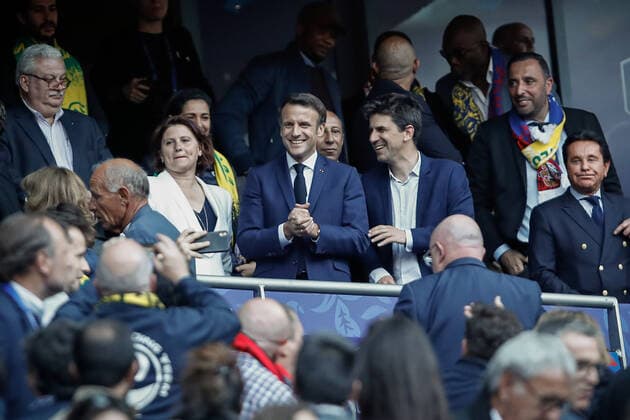 Le President de la Republique, Emmanuel Macron FOOTBALL : Finale de la Coupe de France - OGC Nice vs FC Nantes - 07 05 2022 AurelienMorissard Panoramic 
