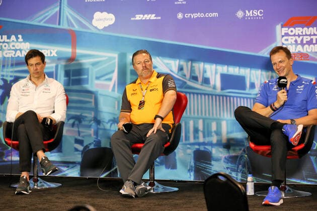 Toto Wolff (AUT, Mercedes-AMG Petronas F1 Team), Zak Brown (USA, McLaren F1 Team), Laurent Rossi (FRA, CEO of Alpine), F1 Grand Prix of Miami at Miami International Autodrome on May 7, 2022 in Miami, United States of America. (Photo by Anthony Rew DPPI via HOCH ZWEI) Miami United States of America