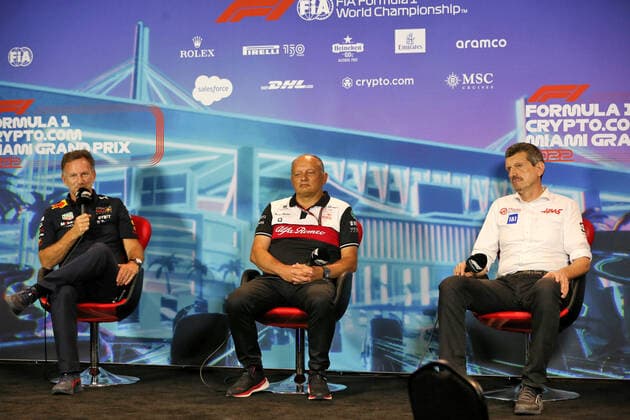 Christian Horner (GBR, Oracle Red Bull Racing), Frederic Vasseur (FRA, Alfa Romeo F1 Team ORLEN), Guenther Steiner (ITA, Haas F1 Team), F1 Grand Prix of Miami at Miami International Autodrome on May 7, 2022 in Miami, United States of America. (Photo by Anthony Rew DPPI via HOCH ZWEI) Miami United States of America