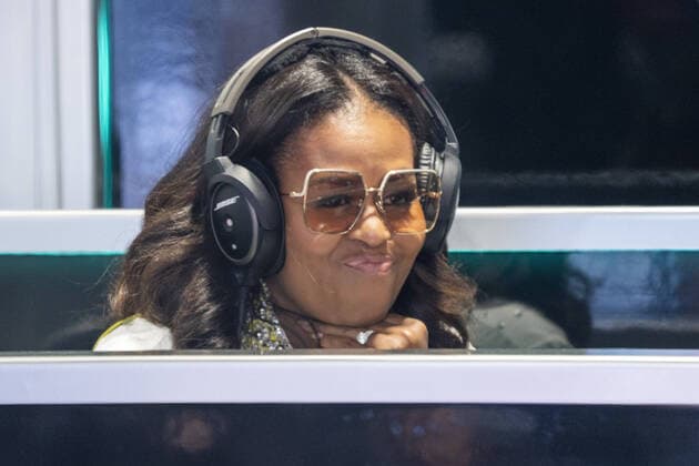 Former US First Lady Michaelle Obama in the Mercedes garage during Free Practice 3 of the Formula One Grand Prix of Miami at the Miami International Autodrome in Miami Gardens, Florida on Saturday, May 7, 2022.  FLP20220507905 SHAWNxTHEW