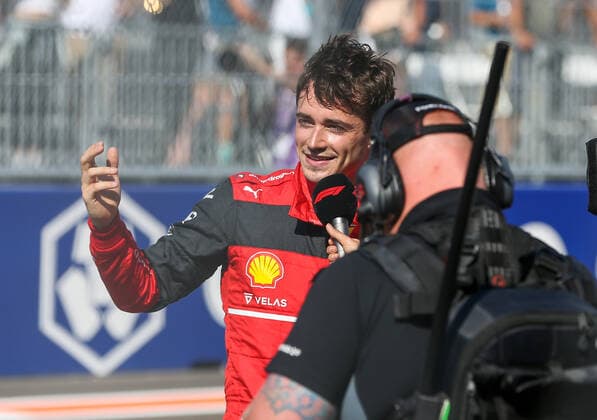 F1 - FORMULA 1 CRYPTO.COM MIAMI GRAND PRIX 2022, 07 2022 Miami International Autodrome, Miami, United States on 7 May 2022 Charles Leclerc 16 (MON), Scuderia Ferrari F1-75 media interview after pole in qualifying during the FORMULA 1 CRYPTO.COM MIAMI GRAND PRIX 2022, Phil Duncan Editorial Use Only Copyright: xPhilxDuncanx ESM-0459-0041
