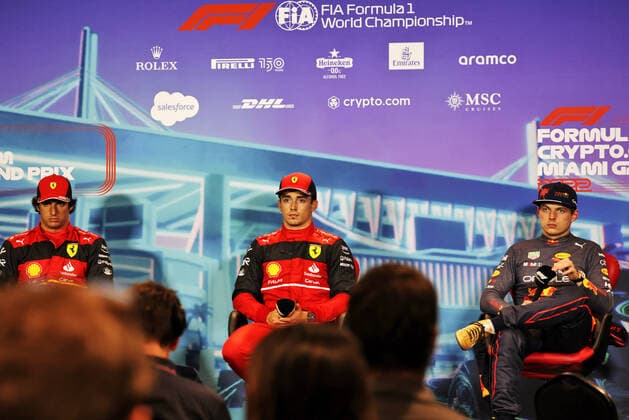 55 Carlos Sainz (ESP, Scuderia Ferrari), 16 Charles Leclerc (MCO, Scuderia Ferrari), 1 Max Verstappen (NLD, Oracle Red Bull Racing), F1 Grand Prix of Miami at Miami International Autodrome on May 7, 2022 in Miami, United States of America. (Photo by DPPI via HOCH ZWEI) Miami United States of America