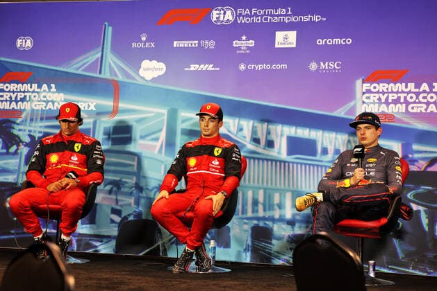 55 Carlos Sainz (ESP, Scuderia Ferrari), 16 Charles Leclerc (MCO, Scuderia Ferrari), 1 Max Verstappen (NLD, Oracle Red Bull Racing), F1 Grand Prix of Miami at Miami International Autodrome on May 7, 2022 in Miami, United States of America. (Photo by DPPI via HOCH ZWEI) Miami United States of America