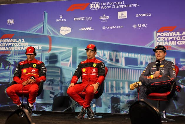 55 Carlos Sainz (ESP, Scuderia Ferrari), 16 Charles Leclerc (MCO, Scuderia Ferrari), 1 Max Verstappen (NLD, Oracle Red Bull Racing), F1 Grand Prix of Miami at Miami International Autodrome on May 7, 2022 in Miami, United States of America. (Photo by DPPI via HOCH ZWEI) Miami United States of America
