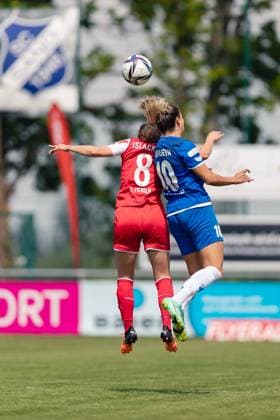 Willstaett, Germany, May 8th 2022: Marina Georgieva (10 Sand) and Mandy Islacker (8 Koeln) contest the ball during the FLYERALARM Frauen-Bundesliga game between SC Sand and 1. FC Koeln at Adams Arena in Willstaett, Germany Dan O Connor SPP FLYERALARM Frauen-Bundesliga - SC Sand v 1. FC Koeln - Adams Arena 