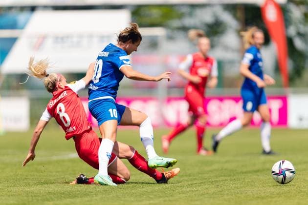 Willstaett, Germany, May 8th 2022: Mandy Islacker (8 Koeln) tackles Marina Georgieva (10 Sand) during the FLYERALARM Frauen-Bundesliga game between SC Sand and 1. FC Koeln at Adams Arena in Willstaett, Germany Dan O Connor SPP FLYERALARM Frauen-Bundesliga - SC Sand v 1. FC Koeln - Adams Arena 