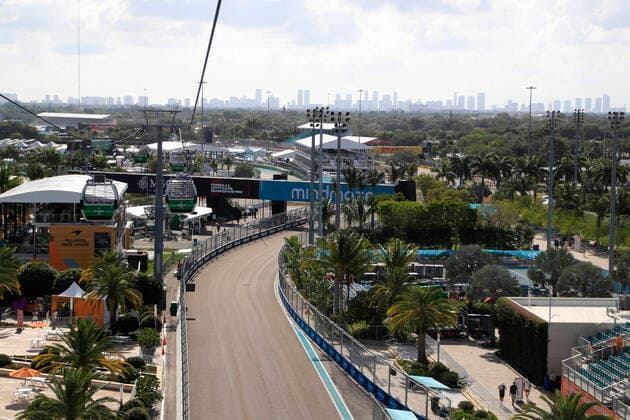MIAMI GARDENS, FL - MAY 08: A general view of the fan zone areas with Miami Beach in the background prior to the Formula 1 CRYPTO.COM Miami Grand Prix on May 8, 2022 at Miami International Autodrome in Miami Gardens, FL.(Photo by Jeff Robinson Icon Sportswire) AUTO: MAY 08 F1 Crypto.com Miami Grand Prix Icon2205083841
