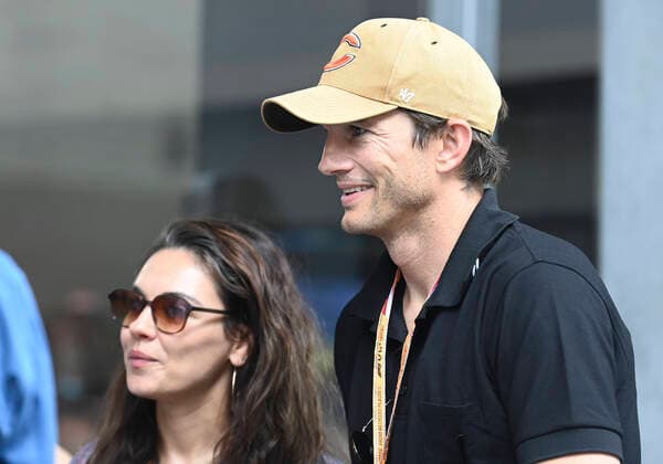 MIAMI GARDENS, FL - MAY 08: Ashton Kutcher and Mila Kunis tour the Mercedes-AMG Petronas hospitality suite with their children prior to the start of the Formula 1 CRYPTO.COM Miami Grand Prix on May 8, 2022 at Miami Autodrome in Miami Gardens, FL. (Photo by Doug Murray Icon Sportswire) AUTO: MAY 08 F1 Crypto.com Miami Grand Prix Icon79620220508021