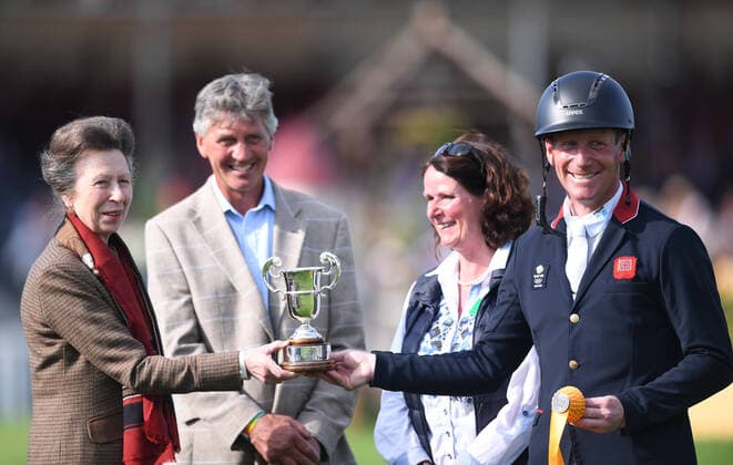 8th May 2022, Badminton Estate, Gloucestershire, England; Mars Equestrian Badminton Horse Trials, day 5; Oliver Townend receives the third place trophy from HRH Princess Anne  ActionPlus12388138 SimonxWest Content restricted for UK based newspaper