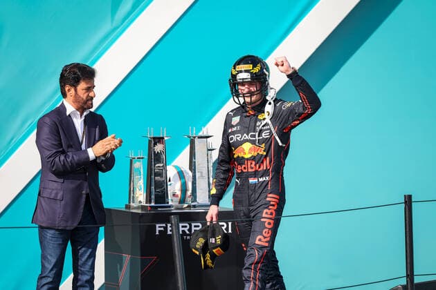 FIA president Mohammed ben Sulayem with winner VERSTAPPEN Max (ned), Red Bull Racing RB18, portrait podium during the Formula 1 Crypto.com Miami Grand Prix 2022, 5th round of the 2022 FIA Formula One World Championship, WM, Weltmeisterschaft on the Miami International Autodrome, from May 6 to 8, 2022 in Miami Gardens, Florida, United States of America - F1 - MIAMI GRAND PRIX 2022 - RACE DPPI Panoramic  GOOD1300