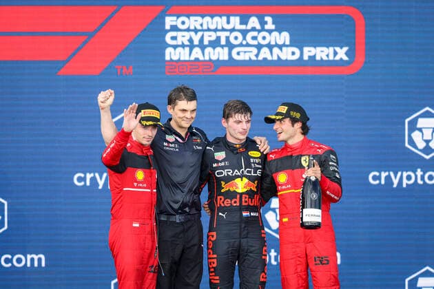16 Charles Leclerc (MCO, Scuderia Ferrari), 1 Max Verstappen (NLD, Oracle Red Bull Racing), 55 Carlos Sainz (ESP, Scuderia Ferrari), F1 Grand Prix of Miami at Miami International Autodrome on May 8, 2022 in Miami, United States of America. (Photo by HOCH ZWEI) Miami United States of America