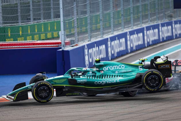 Crash between 47 Mick Schumacher (DEU, Haas F1 Team) and 5 Sebastian Vettel (DEU, Aston Martin Aramco Cognizant F1 Team), F1 Grand Prix of Miami at Miami International Autodrome on May 8, 2022 in Miami, United States of America. (Photo by HOCH ZWEI) Miami United States of America