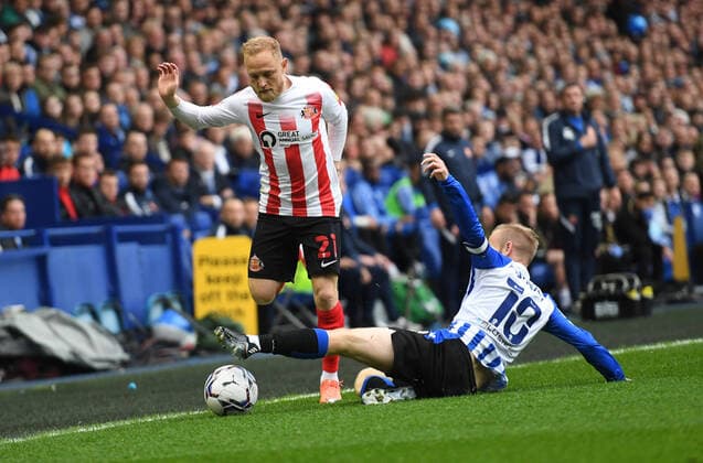Mandatory Credit: Photo by Anna Gowthorpe Shutterstock (12931769h) Alex Pritchard of Sunderland is tackled by Barry Bannan of Sheffield Wednesday Sheffield Wednesday v Sunderland, EFL Sky Bet League One, Play-off Semi Final, Second Leg, Football, Hillsborough, Sheffield, UK - 09 May 2022 EDITORIAL USE ONLY No use with unauthorised audio, video, data, fixture lists, club league logos or live services. Online in-match use limited to 120 images, no video emulation. No use in betting, games or single club league player publications. Sheffield Wednesday v Sunderland, EFL Sky Bet League One, Play-off Semi Final, Second Leg, Football, Hillsborough, Sheffield, UK - 09 May 2022 EDITORIAL USE ONLY No use with unauthorised audio, video, data, fixture lists, club league logos or live services. Online in-match use limited to 120 images, no video emulation. No use in betting, games or single club league player publications. Copyright: xAnnaxGowthorpe Shutterstockx 12931769h
