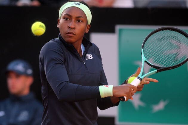 ROME, ITALY - MAY 09: Gauff Coco of USA plays a forehand against Angelique Kerber Deutschland during their single women round match in the Internazionali BNL D Italia at Foro Italico on May 09, 2022 in Rome, Italy.  Copyright: xMarcoxIacobuccix xipa-agency.netx xMarcoxIacobuccix 0