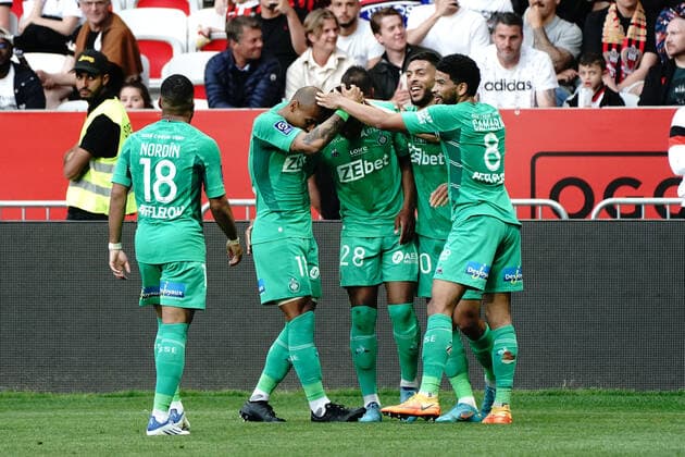 Joie - AS Saint Etienne - Arnaud Nordin (AS Saint Etienne) - Gabriel Silva (AS Saint Etienne) - Zaydou Youssouf (AS Saint Etienne) - Denis Bouanga (AS Saint Etienne) - Mahdi Camara (AS Saint Etienne) FOOTBALL : OGC Nice vs AS Saint Etienne - Ligue 1 Uber Eats - Nice - 11 05 2022 NorbertScanella Panoramic 